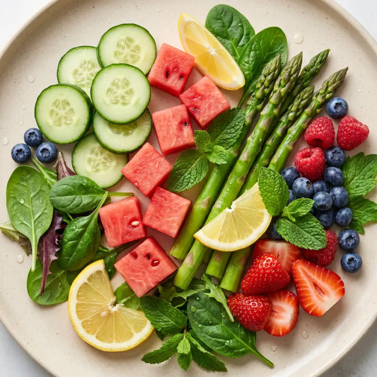 Aliments anti-rétention d'eau frais (concombre, pastèque, citron, légumes verts) — dégonfler naturellement
