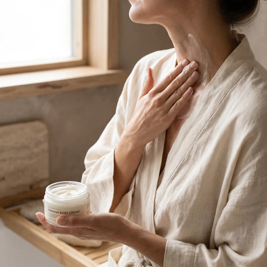 Application de crème raffermissante sur le cou et le décolleté — anti-âge corps