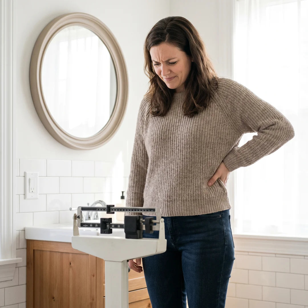 Femme perplexe sur une balance — pourquoi la balance ment après 40 ans