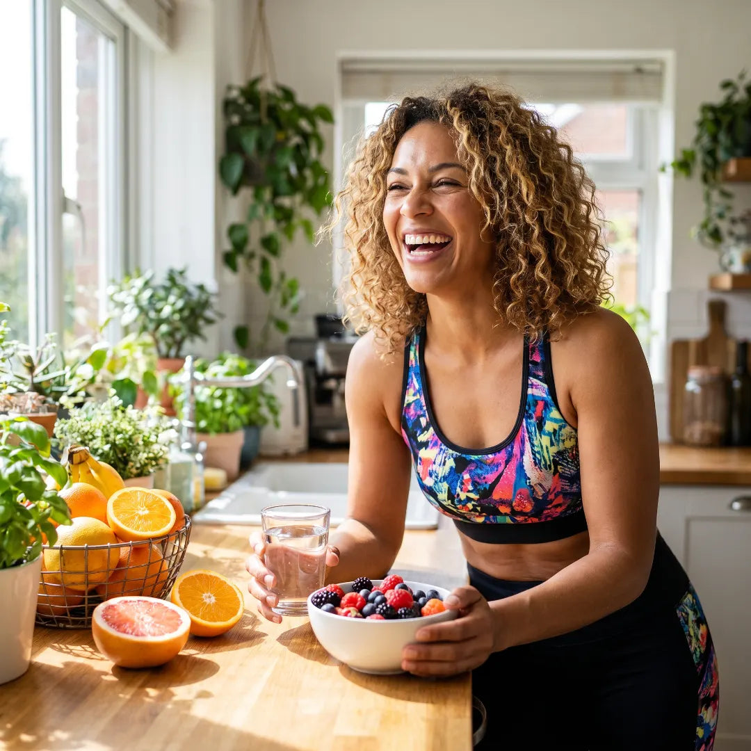 Femme énergique avec eau et fruits frais — booster son métabolisme après 45 ans