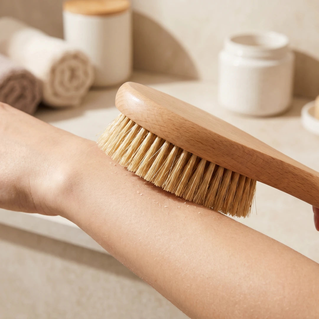 Brossage à sec sur la cuisse avec une brosse en fibres naturelles — peau plus lisse et tonique