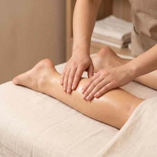 Mains réalisant un drainage lymphatique sur la jambe — bienfaits et pratique à la maison