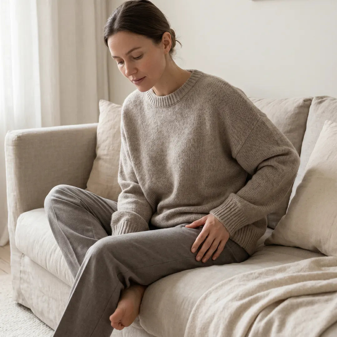 Femme tenant sa cuisse — erreurs qui font grossir les cuisses après 40 ans
