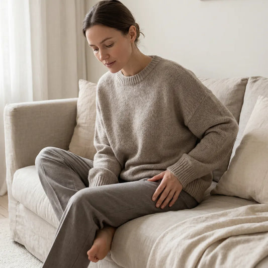 Femme tenant sa cuisse — erreurs qui font grossir les cuisses après 40 ans