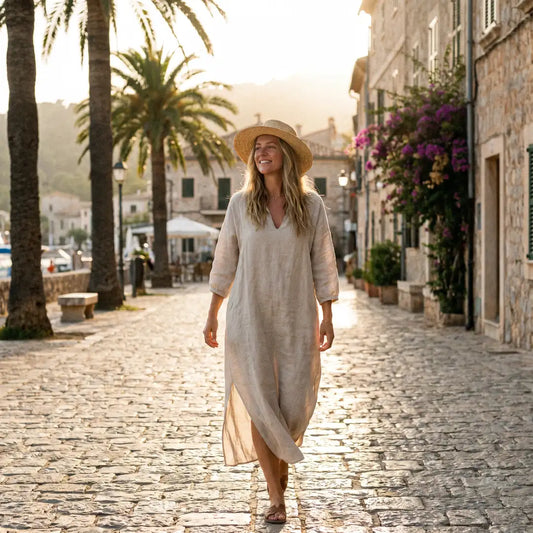 Femme en robe d'été sans frottement des cuisses — solution anti-frottement en été