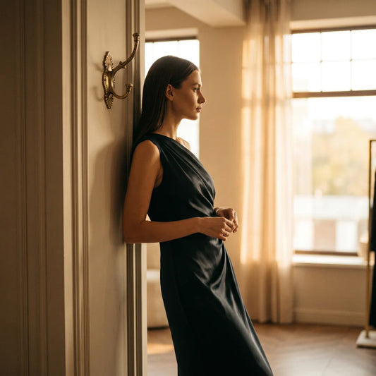Femme en robe à la silhouette lisse grâce à un vêtement gainant invisible — guide 2026