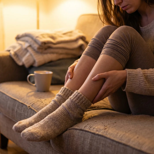 Femme massant ses mollets lourds le soir sur un canapé — soulager les jambes lourdes naturellement