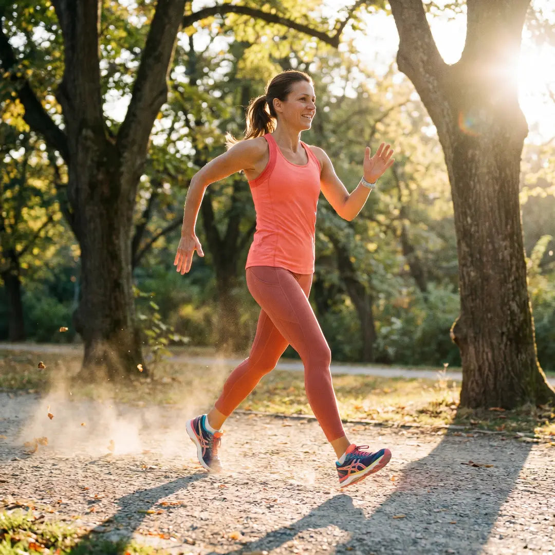 Femme en marche rapide dans un parc ensoleillé — marcher 30 minutes par jour