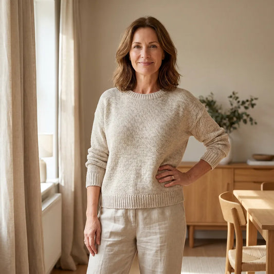 Femme confiante d'une cinquantaine d'années, main sur la taille — ménopause et silhouette qui change