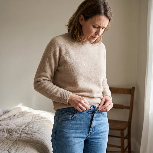 Femme perplexe devant la ceinture de son jean — prendre du poids sans rien changer après 40 ans