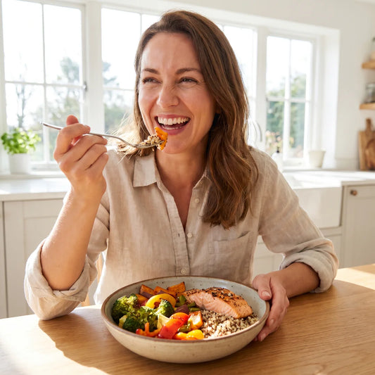 Repas équilibré et coloré savouré par une femme — régime femme 40 ans sans privation