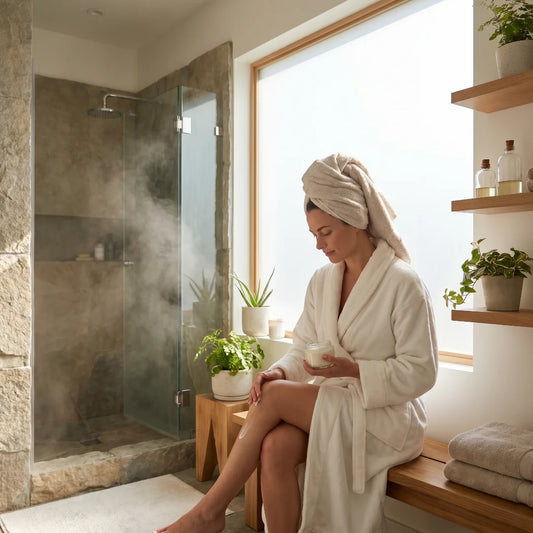 Femme appliquant un soin corps après la douche — routine après-douche 5 minutes