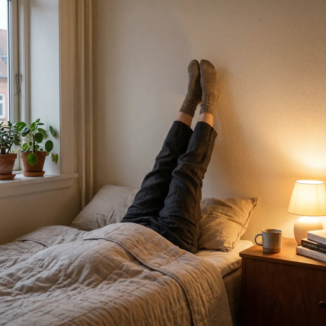 Femme jambes relevées contre le mur en routine du soir — jambes légères au réveil