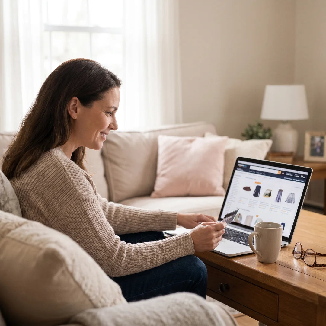 Femme faisant un achat en ligne en confiance — reconnaître un site fiable, checklist anti-arnaque