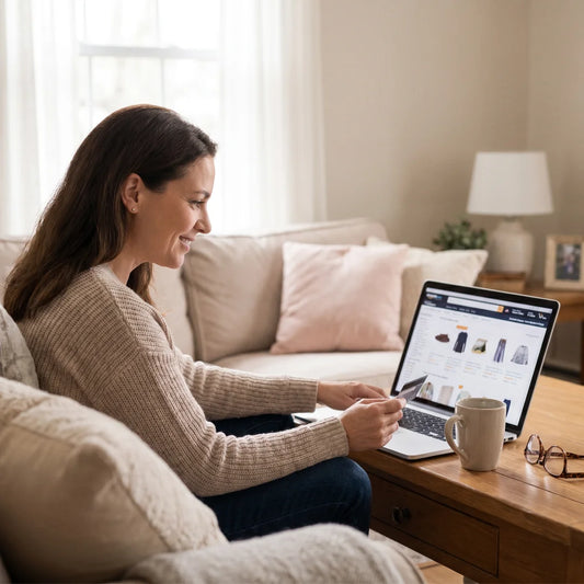 Femme faisant un achat en ligne en confiance — reconnaître un site fiable, checklist anti-arnaque