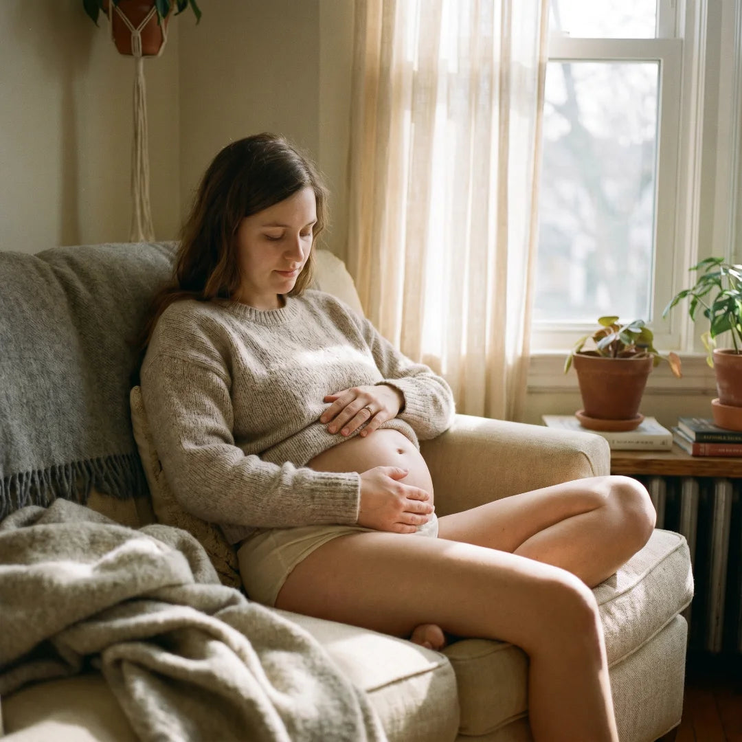 Jeune maman tenant son ventre post-grossesse — méthode douce ventre de maman après bébé
