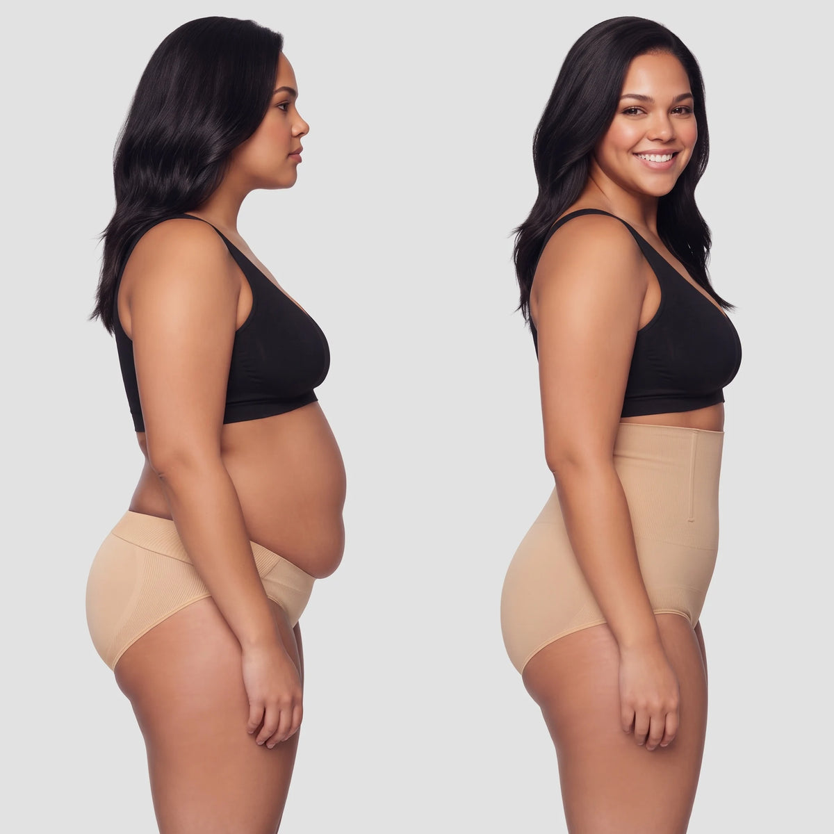 Même tenue avant et après avoir enfilé la Culotte Ultra Gainante Taille Haute 360°